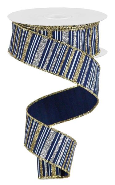 1.5" Navy w/ Glitter Gold/Silver Stripes Ribbon - 10yds - RGC195319 - The Wreath Shop