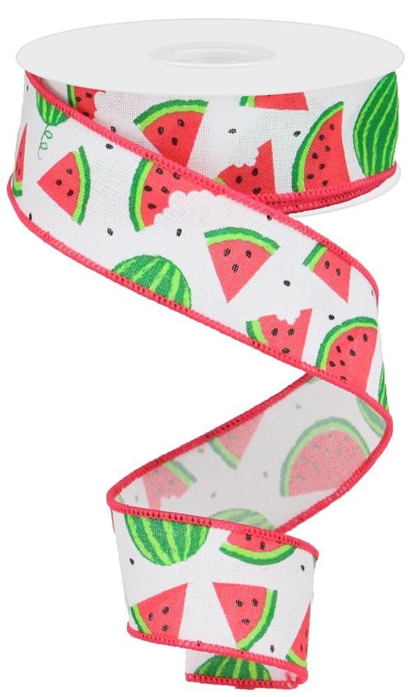 1.5" New Watermelon Slices Linen Ribbon: White - 10yds - RG0199127 - The Wreath Shop