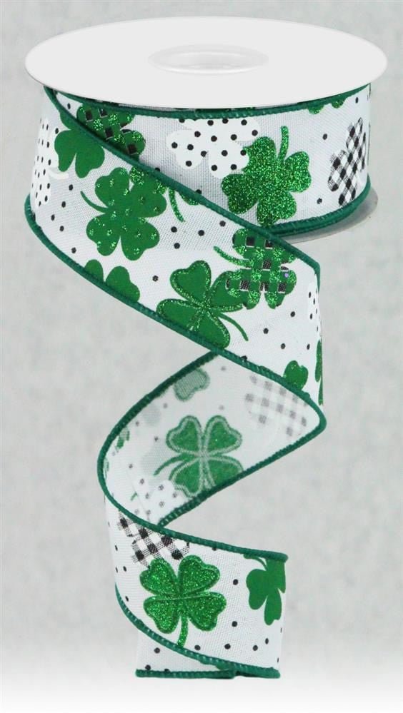 1.5" Patterned Shamrock Ribbon: Wht/Grn/Blk - 10yds - RGC187627 - The Wreath Shop