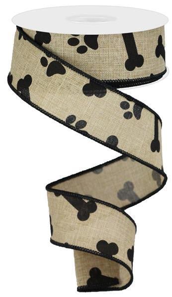 1.5" Paw Print Bone Ribbon: Lt Beige/Black - 10yds - RGA114701 - The Wreath Shop