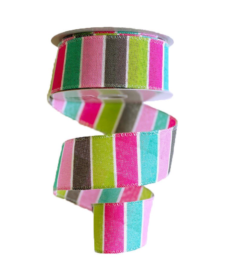 1.5" Pink/Teal/Lime/Grey Stripe Ribbon - 10yds - 72008-09-44 - The Wreath Shop