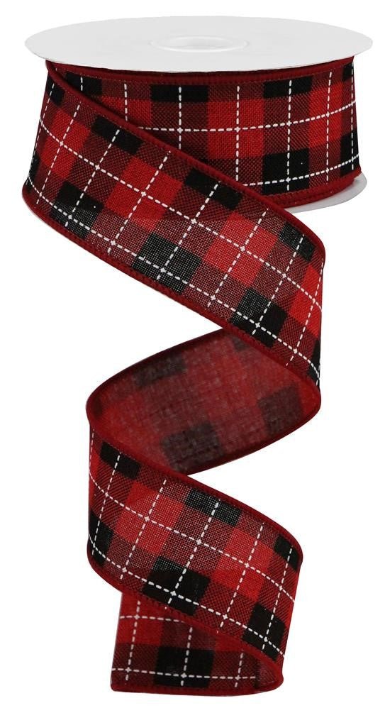1.5" Printed Woven Check Ribbon: Red/Blk/Wht - 10yds - RGA184924 - The Wreath Shop