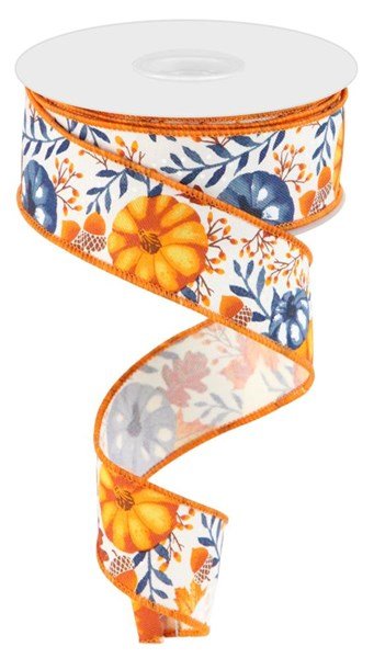 1.5" Pumpkin Foliage Ribbon: Ivory/Must/Orng/Navy- 10yds - RGB108030 - The Wreath Shop