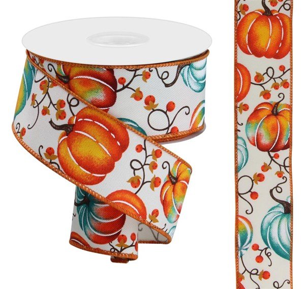 1.5" Pumpkins w/ Bittersweet on Diag. Weave Fabric Ribbon: Rust/Orange/Teal - RGE1268A6 - The Wreath Shop