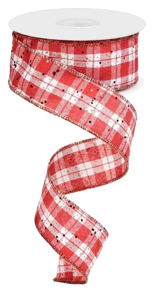 1.5" Red/Wht Plaid Ribbon w/Hex Glitter - RGE127756 - The Wreath Shop