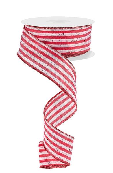 1.5" Red/Wht Woven Stripe Ribbon w/Hex Glitter - RGF1050F3 - The Wreath Shop