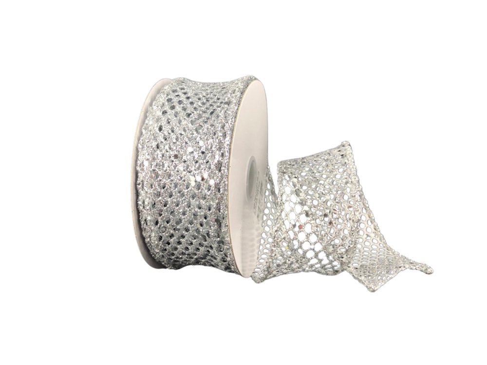 1.5" Silver Glitter Net Ribbon - 10yds - 71123 - 09 - 16 - The Wreath Shop