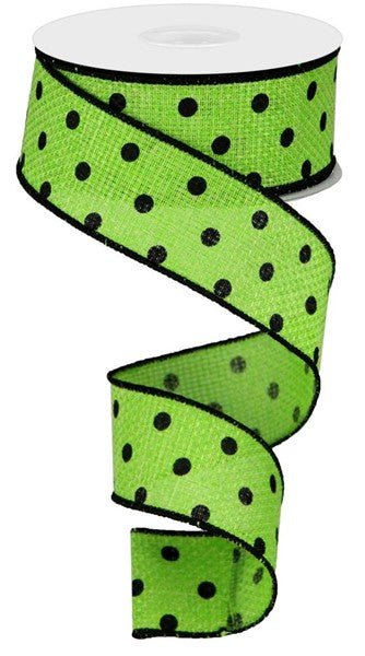 1.5" Small Dot Faux Burlap Ribbon: Lime/Blk - 10yds - RGA105633 - The Wreath Shop