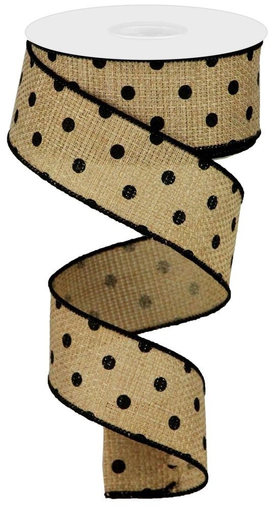 1.5" Small Dot Faux Burlap Ribbon: Lt Beige/Blk - 10yds - RGA105601 - The Wreath Shop