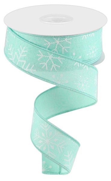 1.5" Snowflakes on Linen Ribbon: Mint - 10yds - RGC1418AN - The Wreath Shop