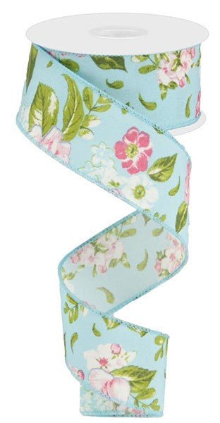 1.5" Spring Floral Ribbon: Turquoise - 10yds - RG0172414 - The Wreath Shop