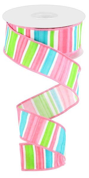 1.5" Spring Watercolor Stripe Ribbon: Pink/Ice Blue/Grn/Wht - 10yds - RGC1550TK - The Wreath Shop