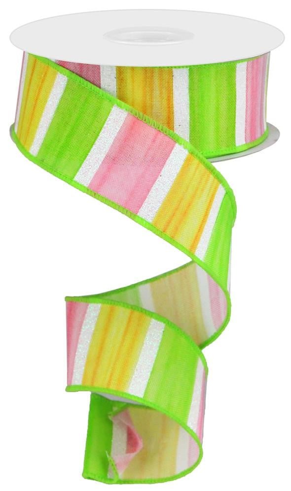 1.5" Spring Watercolor Stripe Ribbon: Pink/Yllw/Grn/Wht - 10yds - RGA1764M6 - The Wreath Shop