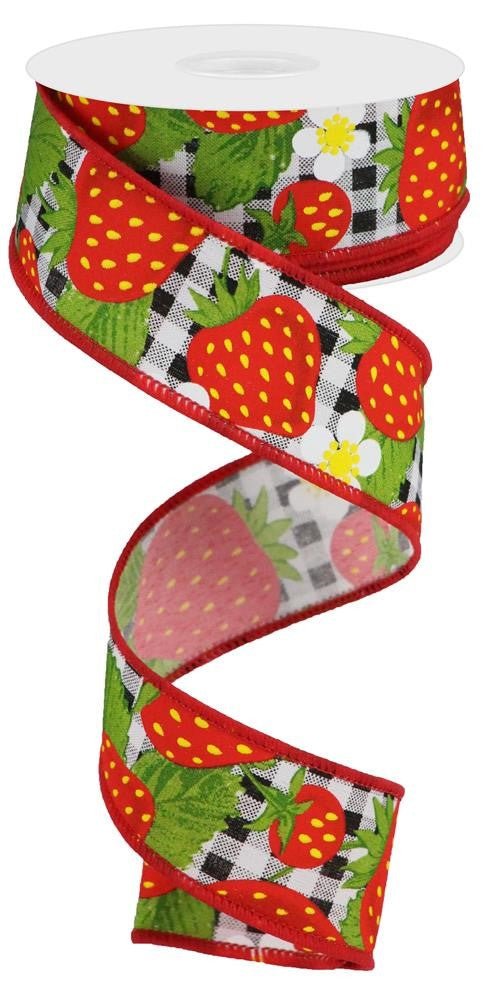 1.5" Strawberries on Check Ribbon: Blk/Wht - 10yds - RGA1782X6 - The Wreath Shop