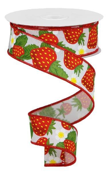 1.5" Strawberry Print Ribbon: White - 10yds - RGA118327 - The Wreath Shop