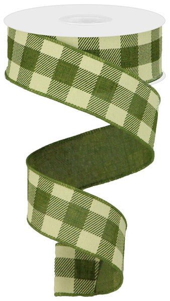 1.5" Striped Check Ribbon: Moss Green/Ivory- 10yds - RG01799TW - The Wreath Shop