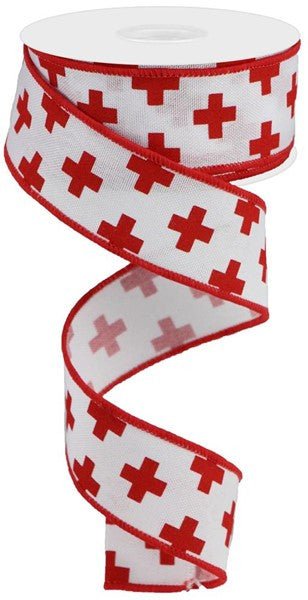 1.5" Swiss Cross Print Ribbon: White/Red- 10yd - RGC113827 - The Wreath Shop