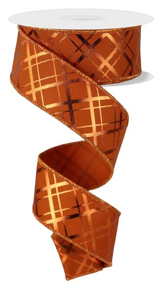 1.5" Thick/Thin Diagonal Check Ribbon: Autumn/Metallic Copper - 10yds - RGE1676T3 - The Wreath Shop