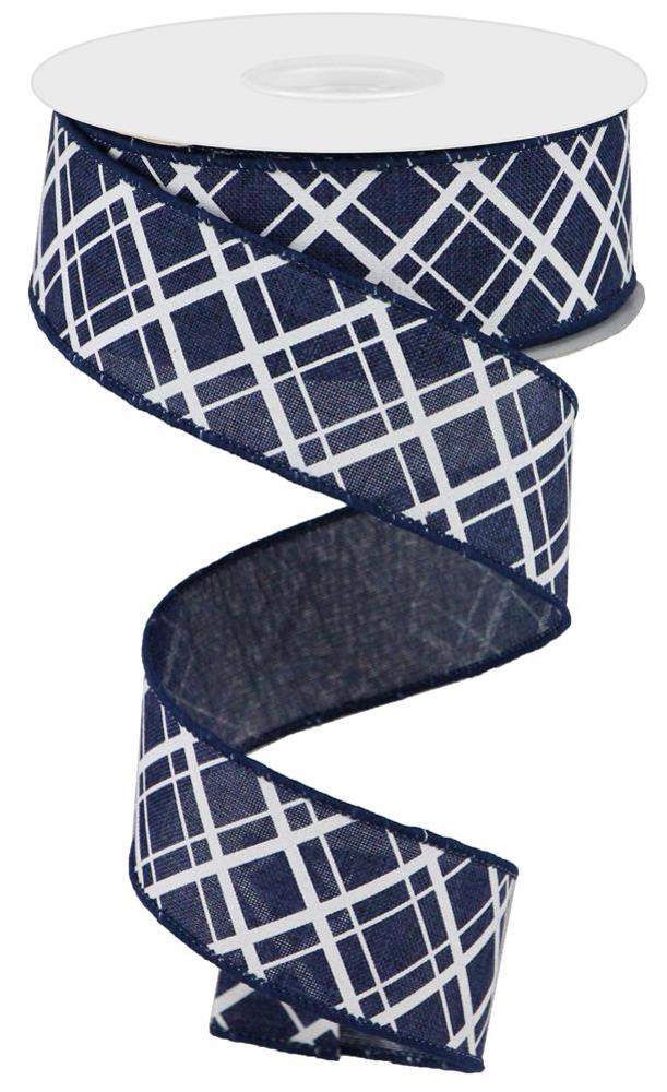 1.5" Thick/Thin Diagonal Check Ribbon: Navy/White - 10yds - RGA150519 - The Wreath Shop