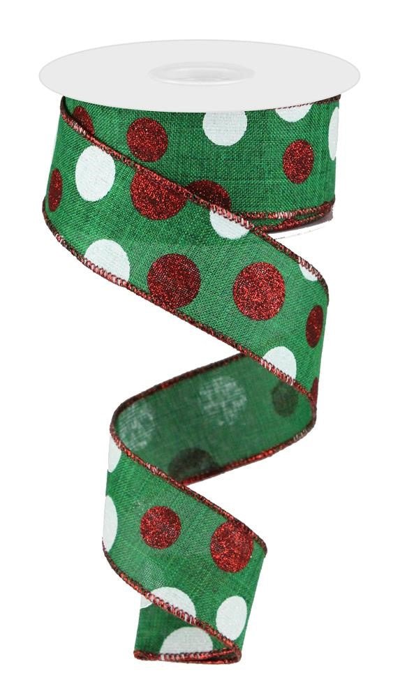 1.5" Three Glitter Dot Ribbon: Emerald Grn/Red/Wht - 10yds - RG0178306 - The Wreath Shop