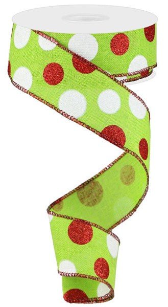 1.5" Three Glitter Dot Ribbon: Lime Grn/Red/Wht - 10yds - RG0178333 - The Wreath Shop
