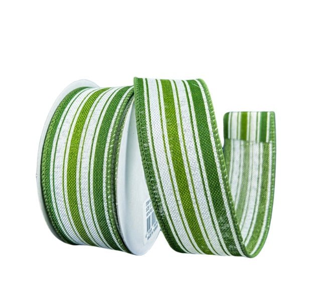 1.5" Ticking Stripe Ribbon: White/Sage Green - 10yds - 42413-09-08 - The Wreath Shop