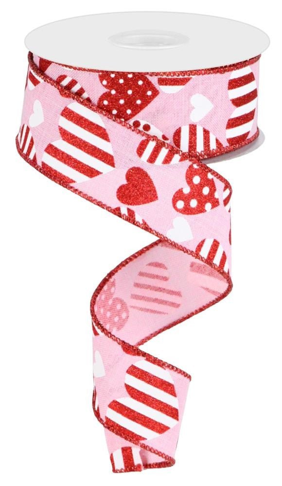 1.5" Valentine Pattern Hearts Ribbon: Lt Pink/Red/Wht - 10yds - RGC183815 - The Wreath Shop