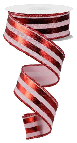 1.5" Vertical Metallic Stripe Ribbon: Pale Pink/Red - 10yds - RGE143115 - The Wreath Shop