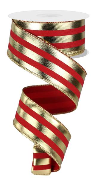 1.5" Vertical Metallic Stripe Ribbon: Red/Gold - 10yds - RGE142836 - The Wreath Shop