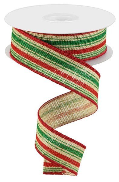 1.5" Vertical Stripe on Faux Burlap Ribbon: Natural/Red/Emerald - 10yds - RGC146918 - The Wreath Shop