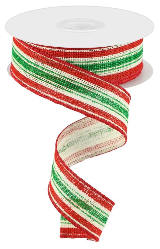 1.5" Vertical Stripe on Faux Burlap Ribbon: Off-White/Red/Emerald - 10yds - RGC146655 - The Wreath Shop