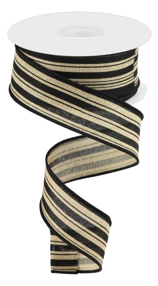 1.5" Vertical Stripe Ribbon: Beige/Blk - 10yds - RGC149901 - The Wreath Shop