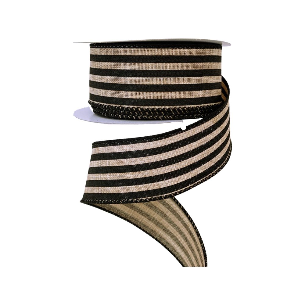 1.5" Vertical Stripe Ribbon: Natural/Black -10Yds - Q817009-21 - The Wreath Shop