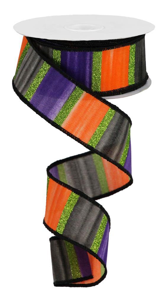 1.5" Watercolor Stripe Ribbon: Purple/Black/Orange/Lime - 10yds - RGA1919CN - The Wreath Shop