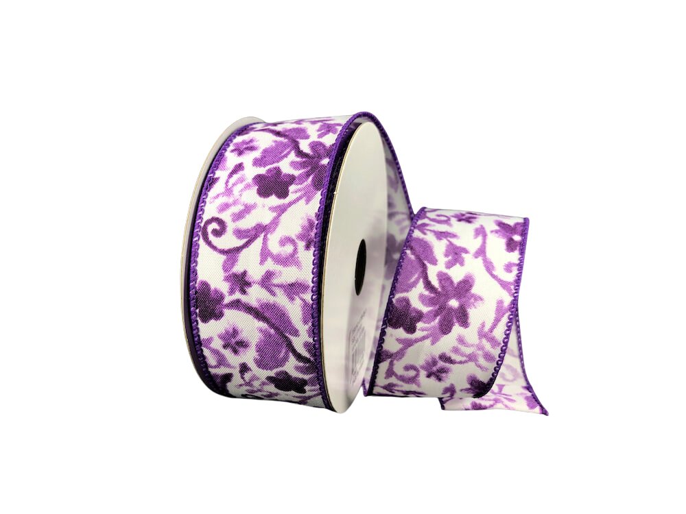 1.5" White/Purple Watercolor Flower - 10yds - 41356-09-11 - The Wreath Shop