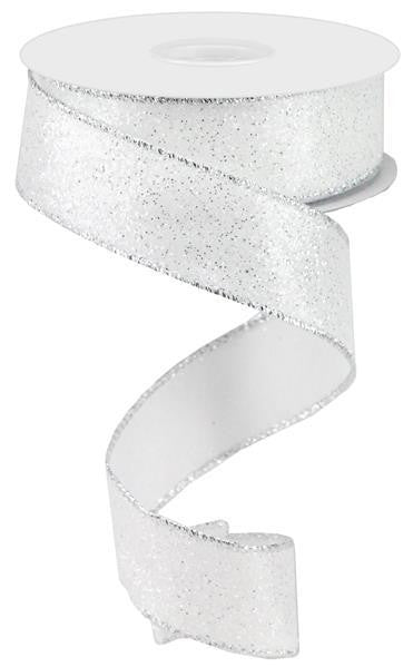 1.5" White/Silver Glitter Ribbon - 10yds - RGA1027 - The Wreath Shop