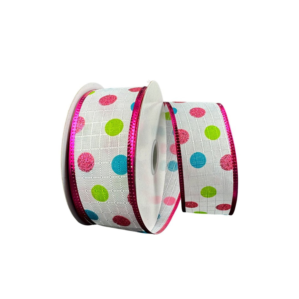 1.5" Wht/Pink/Teal/Lime Dot Ribbon - 10yds - 76306-09-28 - The Wreath Shop
