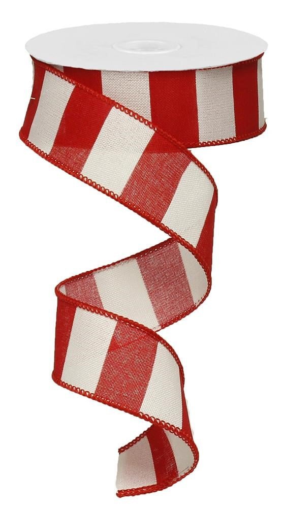 1.5" Wide Stripe Linen Ribbon: Red/White - 10Yds - RG01351F4 - The Wreath Shop