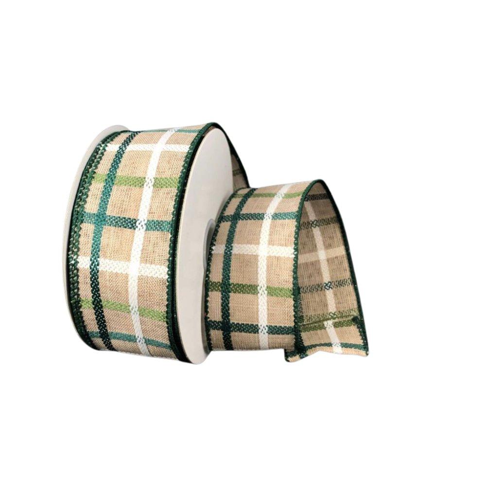 1.5" Woven Plaid Ribbon: Natural/White/Moss/Sage - 10yds - 71219-09-08 - The Wreath Shop