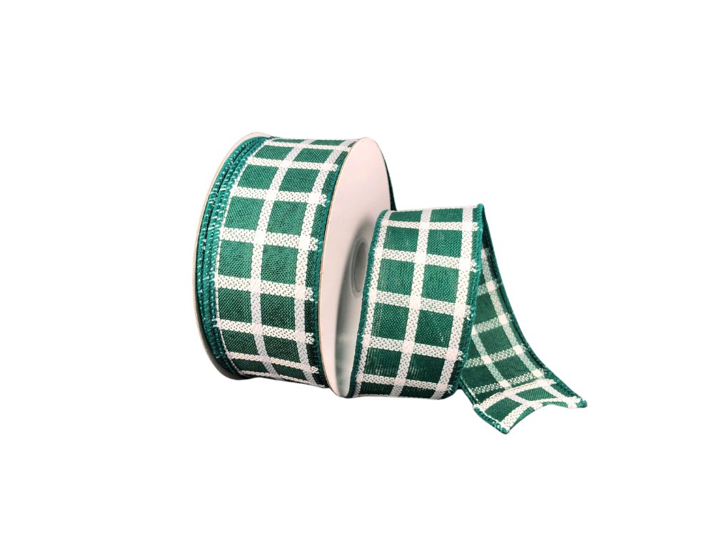 1.5" Woven Trellis Ribbon: Hunter Green/White - 10yds - 71220 - 09 - 29 - The Wreath Shop