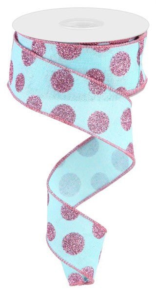 1.5" x 10yd Glitter Polka Dot Ribbon: Ice Blue/Pink - RGC1870H1 - The Wreath Shop