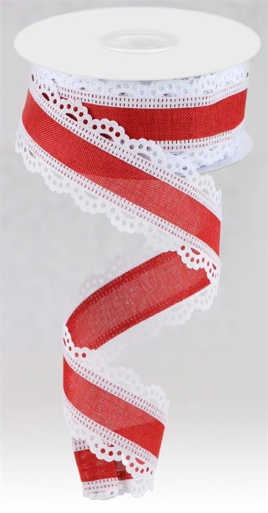 1.5" x 10yd Scalloped Edge Linen Ribbon - Red/White - RGA1541W7 - The Wreath Shop