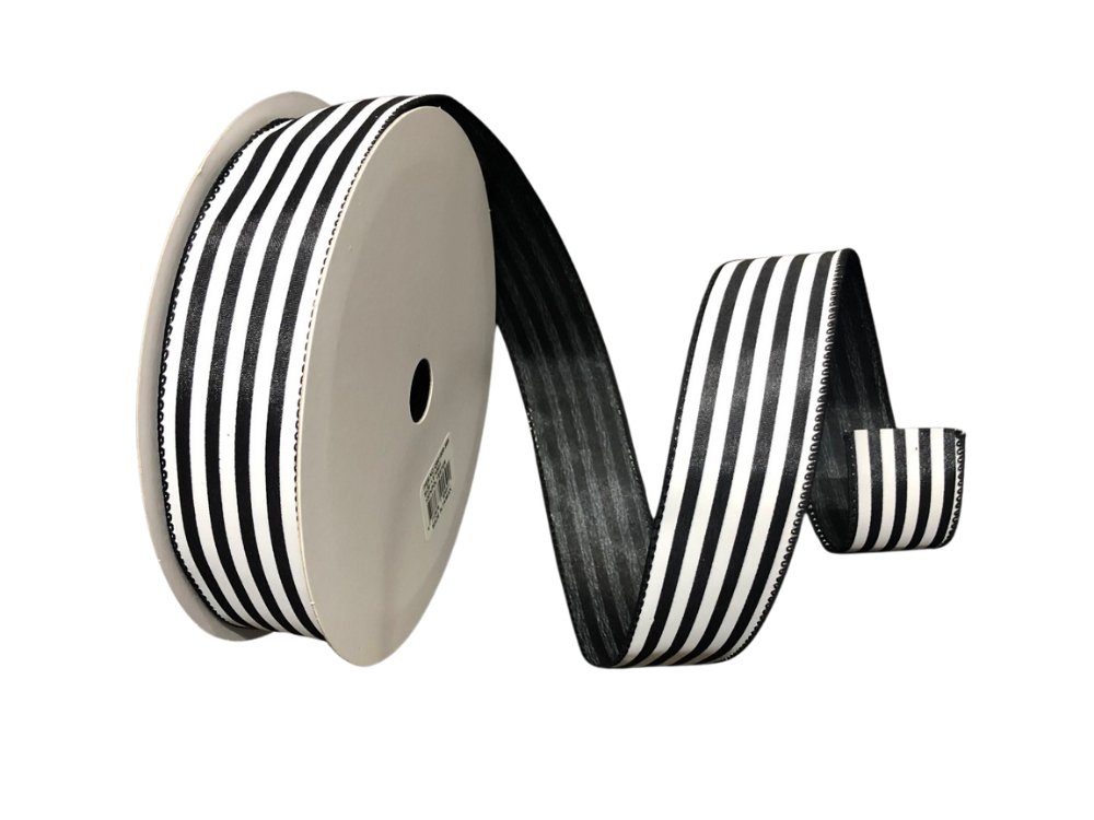 1.5" x 50yd Black/White Cabana Stripe Ribbon - Q501809-585: - The Wreath Shop