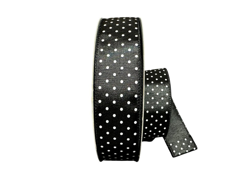 1.5" x 50yds Ribbed Satin w/ Micro Dot Ribbon: Black/White - 841-09-447 - The Wreath Shop