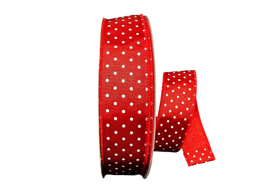 1.5" x 50yds Ribbed Satin w/ Micro Dot Ribbon: Red/White - 841-09-445 - The Wreath Shop