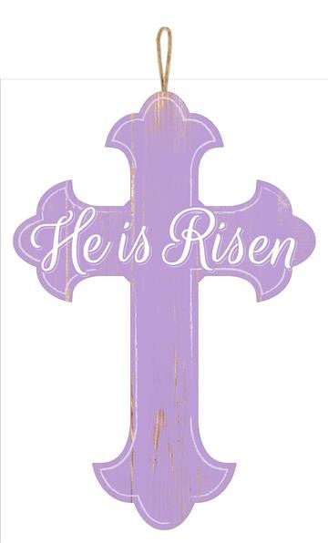 16" He is Risen Lavender Wood Cross - AP8220 - The Wreath Shop
