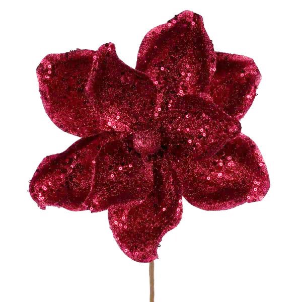 16" Sequin/Bead Magnolia Stem: Burgundy - XS764805 - The Wreath Shop