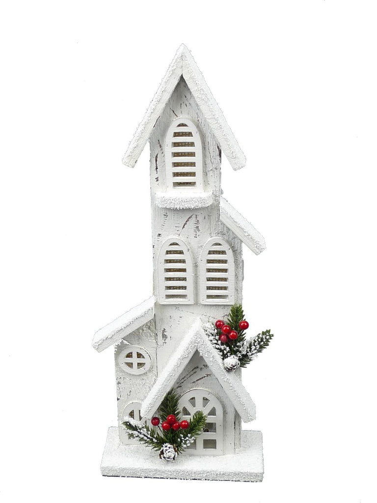 16" Wooden Church w/ LED Lights - 84013WT - The Wreath Shop