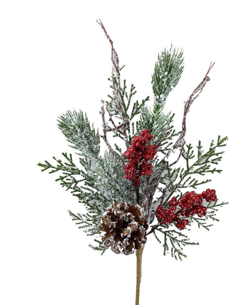 17" Snowy Berry Cypress Pick - 85212SNOW - The Wreath Shop