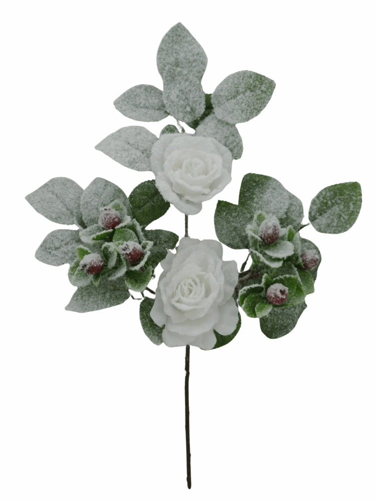 18" Frosted Rose and Berry Spray - 83754-WT - The Wreath Shop